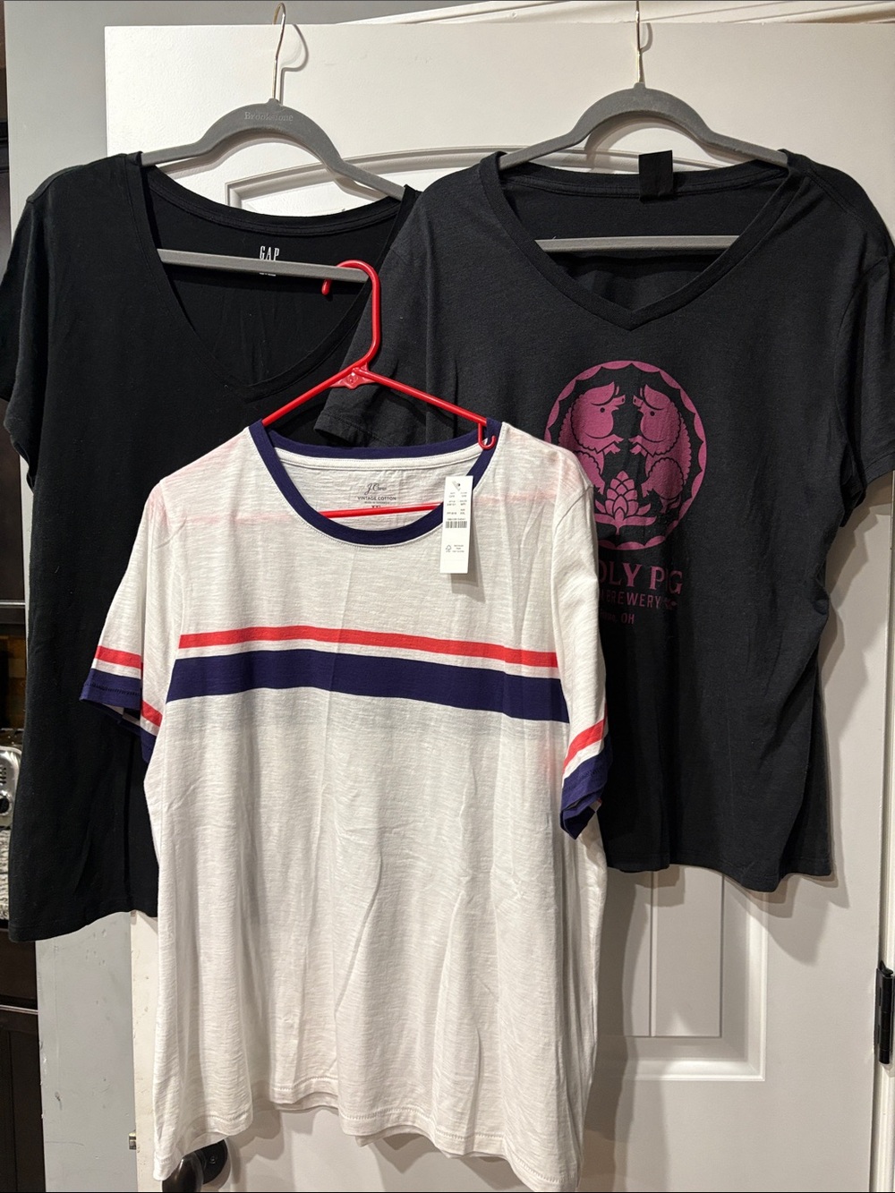 J. Crew White tee, Wooly Pig Farm Brewery tee, Gap black tee LOT of 3